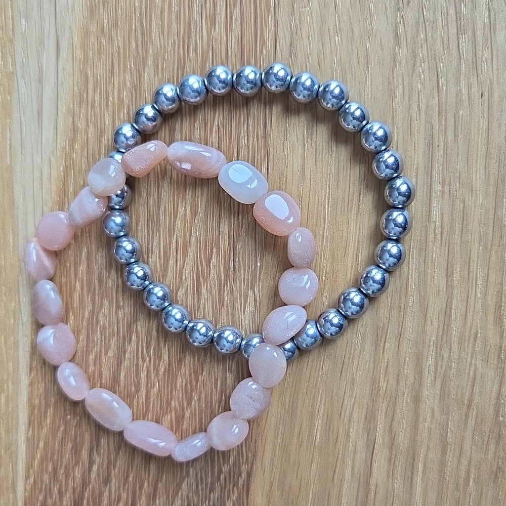 Silver Hematite & Orange Sunstone Bead Stretch Bracelet Set, Hand Crafted - Picture 6 of 13